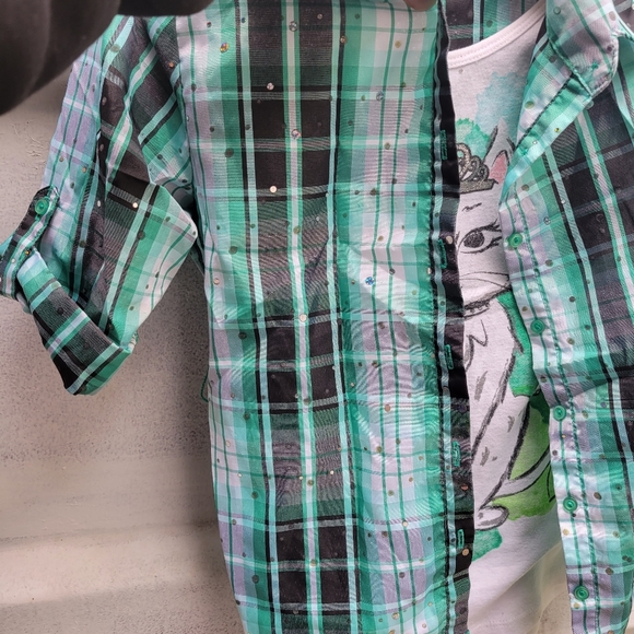 ❤️🩷❤️ 2 in 1 button up and tank size small knitworks cat kitty watercolor plaid - Picture 7 of 9